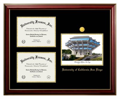 University of California San Diego Triple Opening with Campus Image Frame in Classic Mahogany with Gold Trim with Black & Gold Mats for DOCUMENT: 8 1/2"H X 11"W  , DOCUMENT: 8 1/2"H X 11"W  
