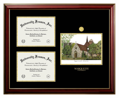 Marquette University Triple Opening with Campus Image Frame in Classic Mahogany with Gold Trim with Black & Gold Mats for  9"h x 12"w  ,  9"h x 12"w  