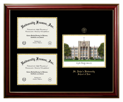 St. John's University School of Law  (New York) Triple Opening with Campus Image Frame in Classic Mahogany with Gold Trim with Black & Gold Mats for document: 8 1/2"h x 11"w  , document: 8 1/2"h x 11"w  