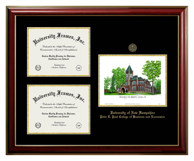 University of New Hampshire Peter T. Paul College of Business and Economics Triple Opening with Campus Image Frame in Classic Mahogany with Gold Trim with Black & Gold Mats for document: 8 1/2"h x 11"w  , document: 8 1/2"h x 11"w  