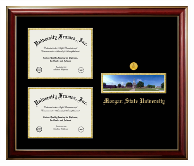 Morgan State University Triple Opening with Campus Image Frame in Classic Mahogany with Gold Trim with Black & Gold Mats for document: 8 1/2"h x 11"w  , document: 8 1/2"h x 11"w  