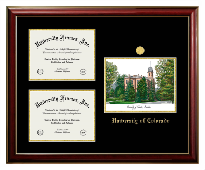 University of Colorado Triple Opening with Campus Image Frame in Classic Mahogany with Gold Trim with Black & Gold Mats for DOCUMENT: 8 1/2"H X 11"W  , DOCUMENT: 8 1/2"H X 11"W  