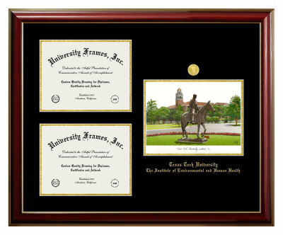 Texas Tech University The Institute of Environmental and Human Health Triple Opening with Campus Image Frame in Classic Mahogany with Gold Trim with Black & Gold Mats for document: 8 1/2"h x 11"w  , document: 8 1/2"h x 11"w  
