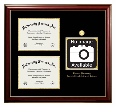 Harvard University Graduate School of Arts and Sciences Triple Opening with Campus Image Frame in Classic Mahogany with Gold Trim with Black & Gold Mats for document: 8 1/2"h x 11"w  , document: 8 1/2"h x 11"w  