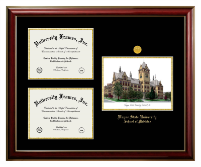 Wayne State University School of Medicine Triple Opening with Campus Image Frame in Classic Mahogany with Gold Trim with Black & Gold Mats for document: 8 1/2"h x 11"w  , document: 8 1/2"h x 11"w  