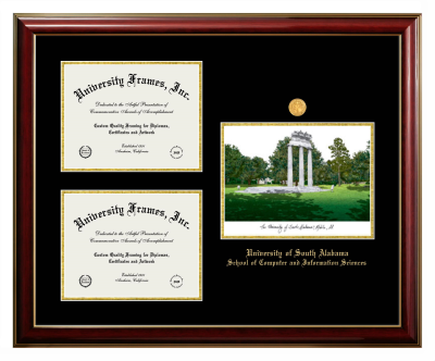 University of South Alabama School of Computer and Information Sciences Triple Opening with Campus Image Frame in Classic Mahogany with Gold Trim with Black & Gold Mats for document: 8 1/2"h x 11"w  , document: 8 1/2"h x 11"w  