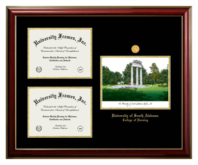 University of South Alabama College of Nursing Triple Opening with Campus Image Frame in Classic Mahogany with Gold Trim with Black & Gold Mats for document: 8 1/2"h x 11"w  , document: 8 1/2"h x 11"w  