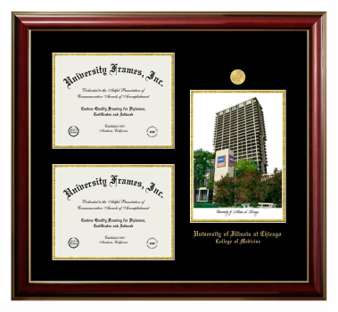 University of Illinois at Chicago College of Medicine Triple Opening with Campus Image Frame in Classic Mahogany with Gold Trim with Black & Gold Mats for document: 8 1/2"h x 11"w  , document: 8 1/2"h x 11"w  