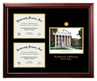 University of Mississippi Honors College Triple Opening with Campus Image Frame in Classic Mahogany with Gold Trim with Black & Gold Mats for document: 8 1/2"h x 11"w  , document: 8 1/2"h x 11"w  