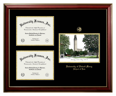University of Detroit Mercy School of Law Triple Opening with Campus Image Frame in Classic Mahogany with Gold Trim with Black & Gold Mats for document: 8 1/2"h x 11"w  , document: 8 1/2"h x 11"w  