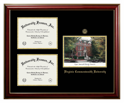 Virginia Commonwealth University Triple Opening with Campus Image Frame in Classic Mahogany with Gold Trim with Black & Gold Mats for DOCUMENT: 8 1/2"H X 11"W  , DOCUMENT: 8 1/2"H X 11"W  