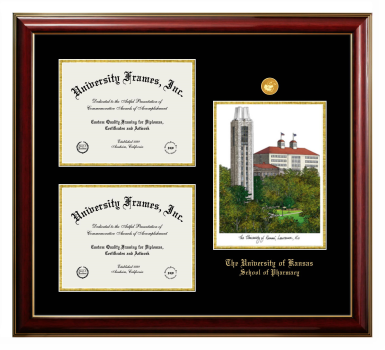 University of Kansas School of Pharmacy Triple Opening with Campus Image Frame in Classic Mahogany with Gold Trim with Black & Gold Mats for document: 8 1/2"h x 11"w  , document: 8 1/2"h x 11"w  