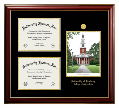 University of Kentucky College of Agriculture Triple Opening with Campus Image Frame in Classic Mahogany with Gold Trim with Black & Gold Mats for document: 8 1/2"h x 11"w  , document: 8 1/2"h x 11"w  