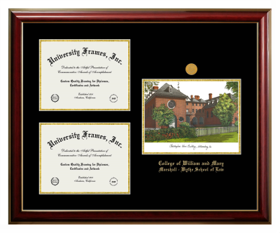 College of William and Mary Marshall - Wythe School of Law Triple Opening with Campus Image Frame in Classic Mahogany with Gold Trim with Black & Gold Mats for document: 8 1/2"h x 11"w  , document: 8 1/2"h x 11"w  