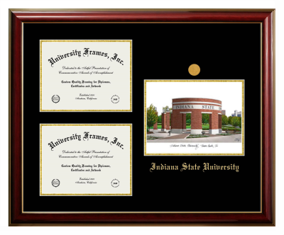 Indiana State University Triple Opening with Campus Image Frame in Classic Mahogany with Gold Trim with Black & Gold Mats for document: 8 1/2"h x 11"w  , document: 8 1/2"h x 11"w  