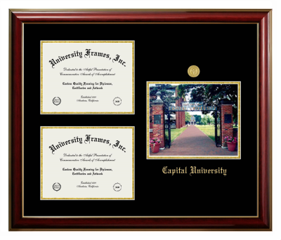 Capital University Triple Opening with Campus Image Frame in Classic Mahogany with Gold Trim with Black & Gold Mats for DOCUMENT: 8 1/2"H X 11"W  , DOCUMENT: 8 1/2"H X 11"W  