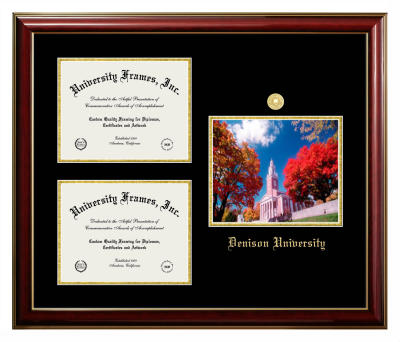 Denison University Triple Opening with Campus Image Frame in Classic Mahogany with Gold Trim with Black & Gold Mats for document: 8 1/2"h x 11"w  , document: 8 1/2"h x 11"w  