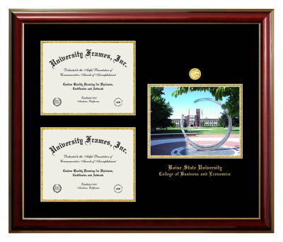 Boise State University College of Business and Economics Triple Opening with Campus Image Frame in Classic Mahogany with Gold Trim with Black & Gold Mats for document: 8 1/2"h x 11"w  , document: 8 1/2"h x 11"w  