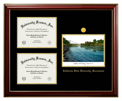 California State University, Sacramento Triple Opening with Campus Image Frame in Classic Mahogany with Gold Trim with Black & Gold Mats for DOCUMENT: 8 1/2"H X 11"W  , DOCUMENT: 8 1/2"H X 11"W  
