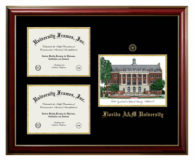 Florida A&M University Triple Opening with Campus Image Frame in Classic Mahogany with Gold Trim with Black & Gold Mats for DOCUMENT: 8 1/2"H X 11"W  , DOCUMENT: 8 1/2"H X 11"W  