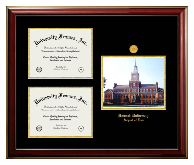 Howard University School of Law Triple Opening with Campus Image Frame in Classic Mahogany with Gold Trim with Black & Gold Mats for document: 8 1/2"h x 11"w  , document: 8 1/2"h x 11"w  