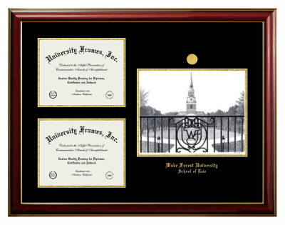 Wake Forest University School of Law Triple Opening with Campus Image Frame in Classic Mahogany with Gold Trim with Black & Gold Mats for document: 8 1/2"h x 11"w  , document: 8 1/2"h x 11"w  