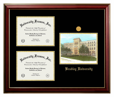 Bradley University Triple Opening with Campus Image Frame in Classic Mahogany with Gold Trim with Black & Gold Mats for DOCUMENT: 8 1/2"H X 11"W  , DOCUMENT: 8 1/2"H X 11"W  