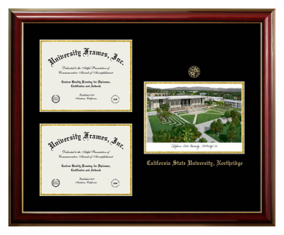 California State University, Northridge Triple Opening with Campus Image Frame in Classic Mahogany with Gold Trim with Black & Gold Mats for DOCUMENT: 8 1/2"H X 11"W  , DOCUMENT: 8 1/2"H X 11"W  