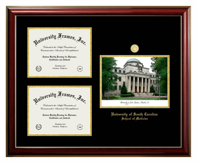 University of South Carolina School of Medicine Triple Opening with Campus Image Frame in Classic Mahogany with Gold Trim with Black & Gold Mats for DOCUMENT: 8 1/2"H X 11"W  , DOCUMENT: 8 1/2"H X 11"W  