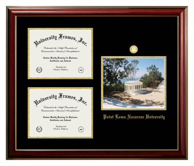 Point Loma Nazarene University Triple Opening with Campus Image Frame in Classic Mahogany with Gold Trim with Black & Gold Mats for  8 1/2"h x 11"w  ,  8 1/2"h x 11"w  