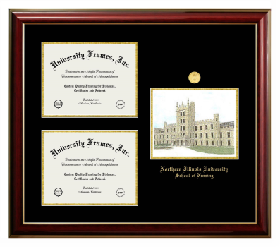 Northern Illinois University School of Nursing Triple Opening with Campus Image Frame in Classic Mahogany with Gold Trim with Black & Gold Mats for document: 8 1/2"h x 11"w  , document: 8 1/2"h x 11"w  