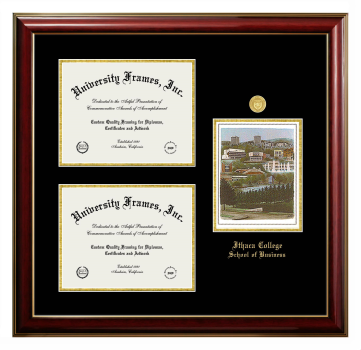 Ithaca College School of Business Triple Opening with Campus Image Frame in Classic Mahogany with Gold Trim with Black & Gold Mats for DOCUMENT: 8 1/2"H X 11"W  , DOCUMENT: 8 1/2"H X 11"W  