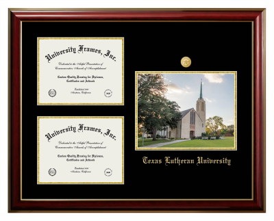 Texas Lutheran University Triple Opening with Campus Image Frame in Classic Mahogany with Gold Trim with Black & Gold Mats for document: 8 1/2"h x 11"w  , document: 8 1/2"h x 11"w  