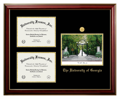 The University of Georgia Triple Opening with Campus Image Frame in Classic Mahogany with Gold Trim with Black & Gold Mats for DOCUMENT: 8 1/2"H X 11"W  , DOCUMENT: 8 1/2"H X 11"W  
