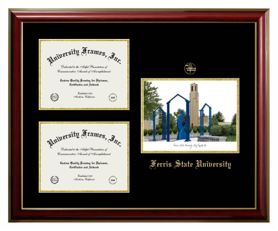 Ferris State University Triple Opening with Campus Image Frame in Classic Mahogany with Gold Trim with Black & Gold Mats for DOCUMENT: 8 1/2"H X 11"W  , DOCUMENT: 8 1/2"H X 11"W  