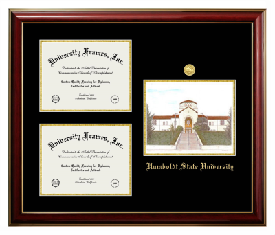 Humboldt State University Triple Opening with Campus Image Frame in Classic Mahogany with Gold Trim with Black & Gold Mats for  8 1/2"h x 11"w  ,  8 1/2"h x 11"w  