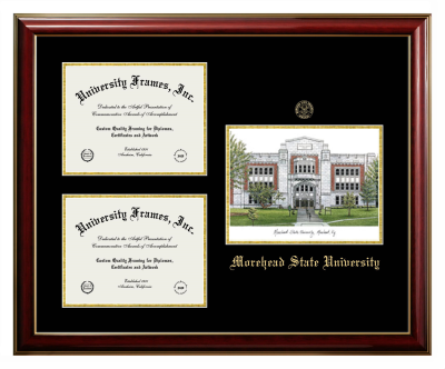 Morehead State University Triple Opening with Campus Image Frame in Classic Mahogany with Gold Trim with Black & Gold Mats for  8 1/2"h x 11"w  ,  8 1/2"h x 11"w  