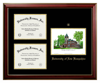 University of New Hampshire Triple Opening with Campus Image Frame in Classic Mahogany with Gold Trim with Black & Gold Mats for DOCUMENT: 8 1/2"H X 11"W  , DOCUMENT: 8 1/2"H X 11"W  