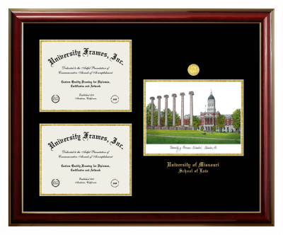 University of Missouri School of Law Triple Opening with Campus Image Frame in Classic Mahogany with Gold Trim with Black & Gold Mats for document: 8 1/2"h x 11"w  , document: 8 1/2"h x 11"w  
