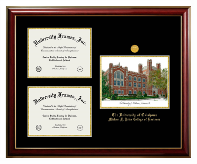 University of Oklahoma Michael F. Price College of Business Triple Opening with Campus Image Frame in Classic Mahogany with Gold Trim with Black & Gold Mats for DOCUMENT: 8 1/2"H X 11"W  , DOCUMENT: 8 1/2"H X 11"W  