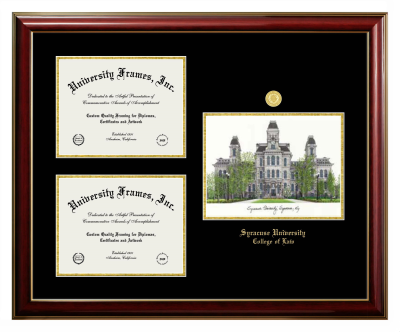Syracuse University College of Law Triple Opening with Campus Image Frame in Classic Mahogany with Gold Trim with Black & Gold Mats for document: 8 1/2"h x 11"w  , document: 8 1/2"h x 11"w  