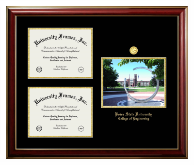 Boise State University College of Engineering Triple Opening with Campus Image Frame in Classic Mahogany with Gold Trim with Black & Gold Mats for DOCUMENT: 8 1/2"H X 11"W  , DOCUMENT: 8 1/2"H X 11"W  