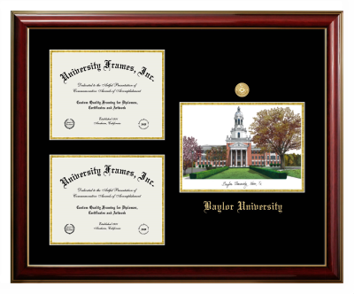 Baylor University Triple Opening with Campus Image Frame in Classic Mahogany with Gold Trim with Black & Gold Mats for DOCUMENT: 8 1/2"H X 11"W  , DOCUMENT: 8 1/2"H X 11"W  