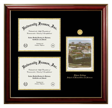 Ithaca College School of Humanities and Sciences Triple Opening with Campus Image Frame in Classic Mahogany with Gold Trim with Black & Gold Mats for document: 8 1/2"h x 11"w  , document: 8 1/2"h x 11"w  