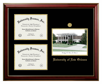 University of New Orleans Triple Opening with Campus Image Frame in Classic Mahogany with Gold Trim with Black & Gold Mats for document: 8 1/2"h x 11"w  , document: 8 1/2"h x 11"w  