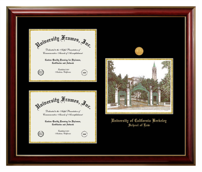 University of California Berkeley School of Law Triple Opening with Campus Image Frame in Classic Mahogany with Gold Trim with Black & Gold Mats for document: 8 1/2"h x 11"w  , document: 8 1/2"h x 11"w  