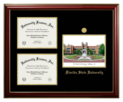 Florida State University Triple Opening with Campus Image Frame in Classic Mahogany with Gold Trim with Black & Gold Mats for DOCUMENT: 8 1/2"H X 11"W  , DOCUMENT: 8 1/2"H X 11"W  
