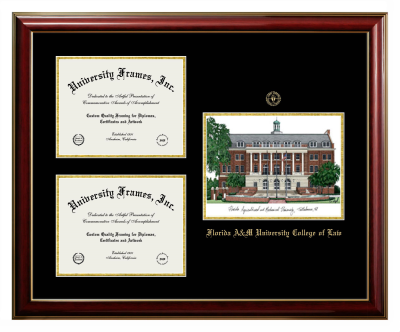 Florida A&M University College of Law Triple Opening with Campus Image Frame in Classic Mahogany with Gold Trim with Black & Gold Mats for document: 8 1/2"h x 11"w  , document: 8 1/2"h x 11"w  