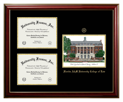 Florida A&M University College of Law Triple Opening with Campus Image Frame in Classic Mahogany with Gold Trim with Black & Gold Mats for DOCUMENT: 8 1/2"H X 11"W  , DOCUMENT: 8 1/2"H X 11"W  