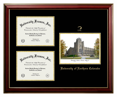 University of Northern Colorado Triple Opening with Campus Image Frame in Classic Mahogany with Gold Trim with Black & Gold Mats for  8"h x 10"w  ,  8"h x 10"w  
